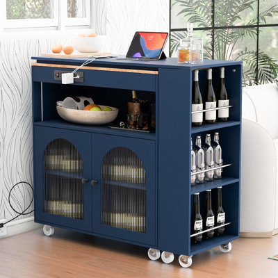 Îlot de cuisine roulant bleu marine avec lumières à DEL, prises de courant, portes en verre cannelé et grande tablette sur roulettes 2 portes, armoire de rangement