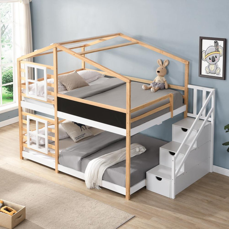 Full over Full Bunk Bed (White, Natural)