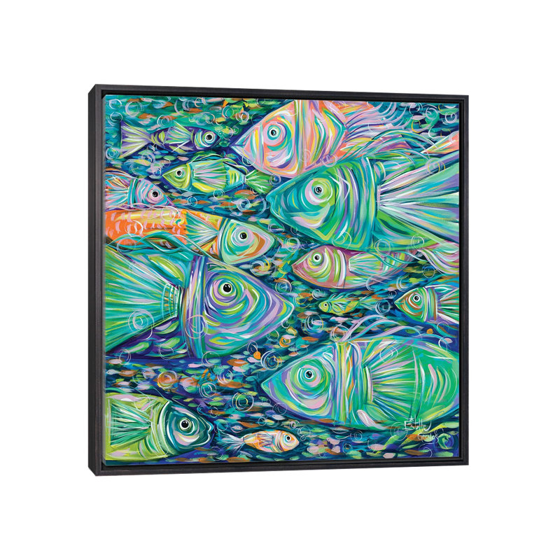 " School Of Fish " by Estelle Grengs, No Mat, 26'' H x 26'' W x 1.5'' D, Distressed Black Framed Canvas