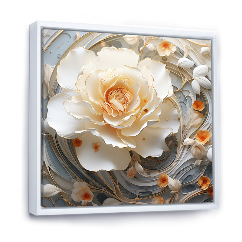Blanc exquis et orangerose en fleurs, H 30 po x l 30 po, Cadre flottant blanc