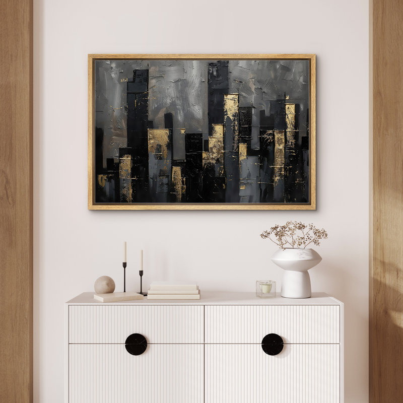 «Moody Gold Grey Dark City Buildings», œuvre d'art sur toile encadrée, Encadré naturel, H 16 po x l 24 po