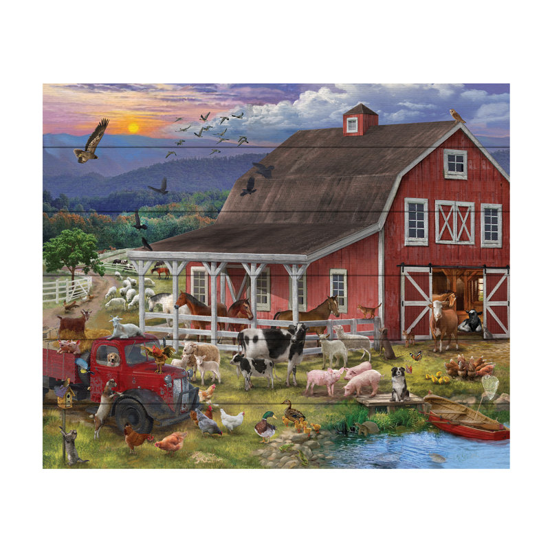 Art de lattes en bois «The Barnyard Crowd» Bigelow illustrations, L 22 po x H 18 po