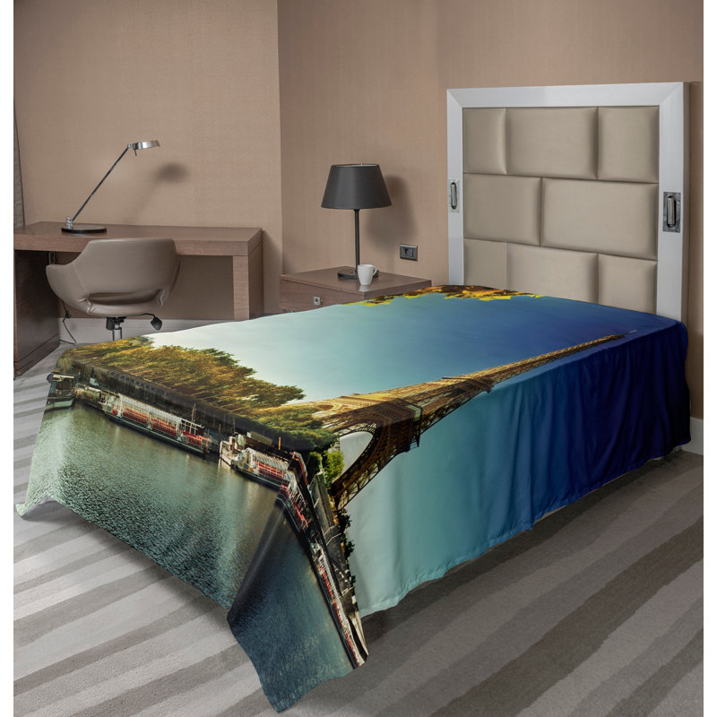 Ambesonne Eiffel Tower Top Flat Sheet Paris with Tower Earth Yellow Green Blue