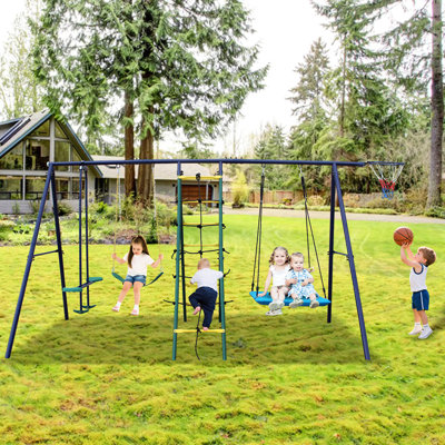 6 In 1 Swing Featuring Climbing , Net, Glider, Swing, Belt Hoop For Backyard - Multicolor Steel Construction, Stable Design And Simple Installation Outdoor Activities Hoop, Adjustable Ropes A Frame