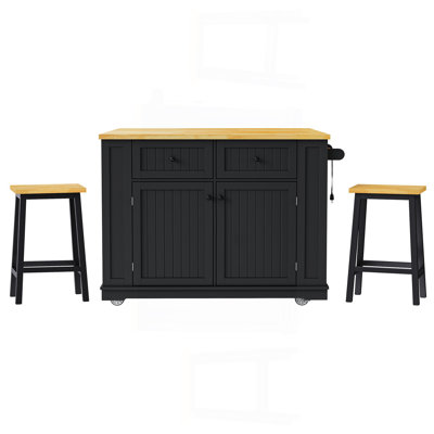 48Inch Large Kitchen Island With 2 Bar Stools, Power Outlet, Door Internal Storage Rack, Kitchen Storage Cart On 5 Wheels With Drop Leaf, 5 Open Side Racks, 2 Drawers,For Kitchen,Dining Room