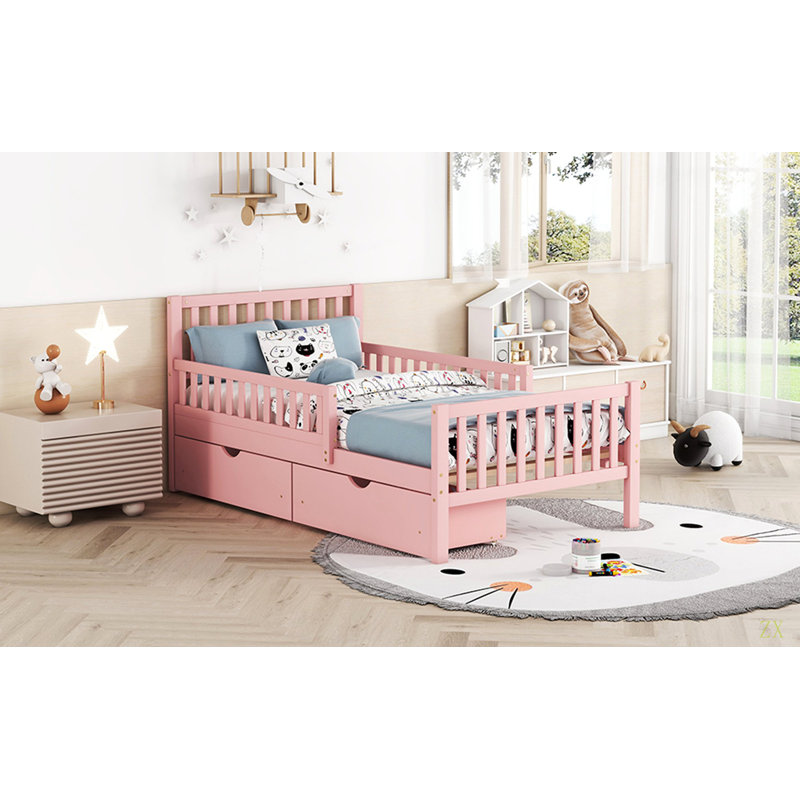 Lit plateforme simple en bois avec garde-corps des deux côtés et deux tiroirs de rangement, Rose