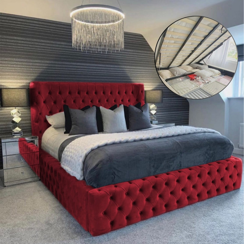 Aliyannah Upholstered Ottoman Storage Bed, Burgundy, Kingsize (5')