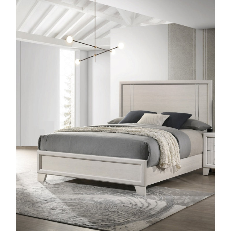 Mobilier de chambre à coucher contemporain en bois avec lit à panneaux grand lit contemporain et beige, Beige / Blanc cassé