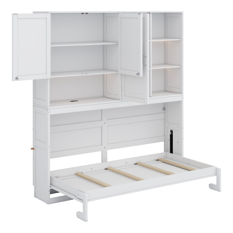 Lit escamotable avec armoire supérieure, tablettes, lit pliable peu encombrant avec éclairage et port USB, Blanc