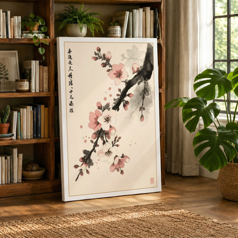 Moonlit Cherry Blossom Japandi - Wrapped Canvas, 18x12 - 45.7 x 30.5 cm, Terracotta Border