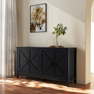 4-Door 4-Open Shelves Sideboard Cabinet, Freestanding For Office. Black Storage, 15.75*60*32.44 In, 90.09Lbs, 40Kg Bearing Capacity , Load