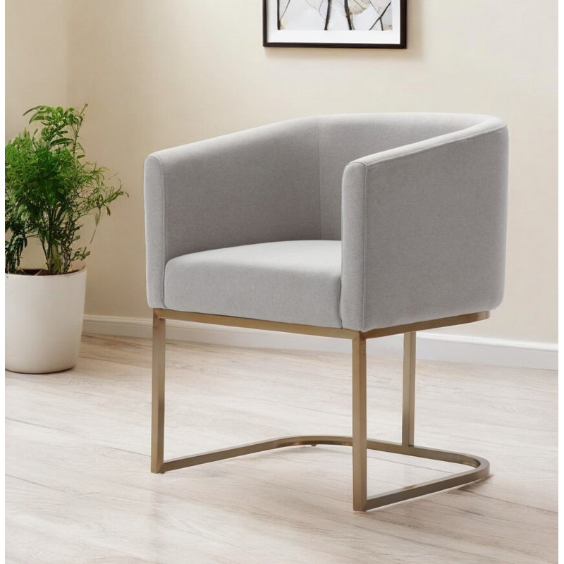 Chaise de salle à manger rembourrée en tissu gris clair et laiton antique, Gris clair