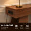 Console étroite de 152 cm avec prise électrique intégrée, table d'appoint rectangulaire de style ferme à placer derrière un canapé, aspect bois, avec compartiments latéraux et tablette de rangement ouverte à lattes pour l'entrée, le salon ou le couloir.