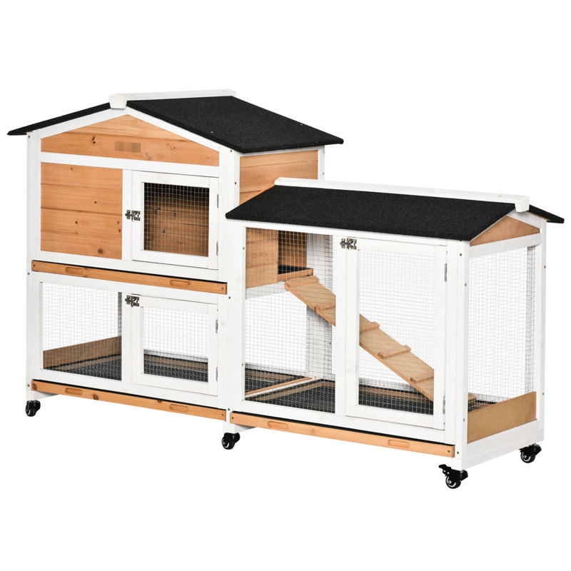 Enclos pour petits animaux 62 po en bois, toit d'excellence en asphalte, plateau amovible, portes verrouillables, cage à cochons d'Inde en option avec mobilité, fonction de robustesse ajoutée