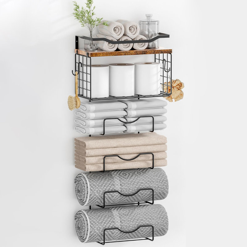 Porte-serviettes mural à 6 niveaux avec tablette, double usage pour serviettes roulées / pliées, Vintage Brown Plank