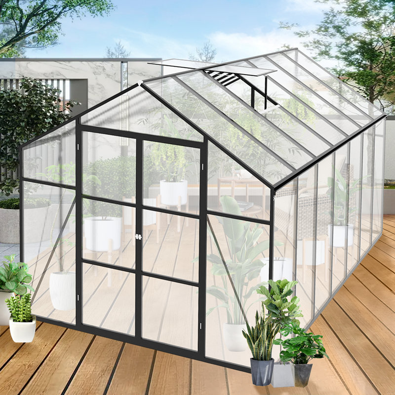 Windproofaluminum Greenhouse Polycarbonate Greenhouse Raised Base And Anchor Aluminum Heavy Duty Walk-In Greenhouses, Black