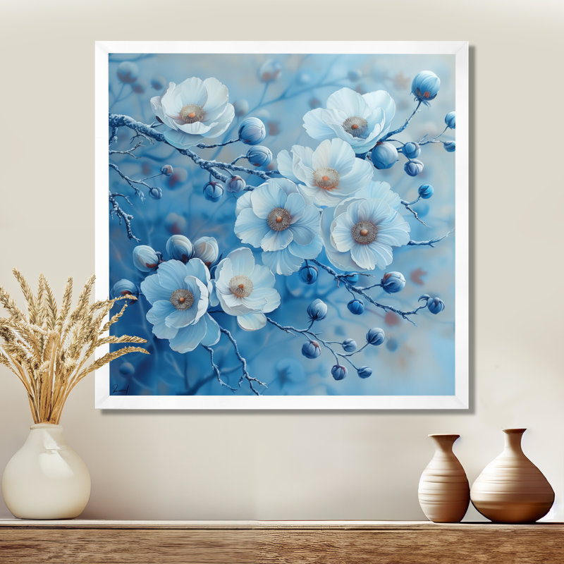 Bleu blanc, coquelicots, hiver, beauté I - coquelicots, art mural, salon, Toile encadrée blanche avec une seule photo