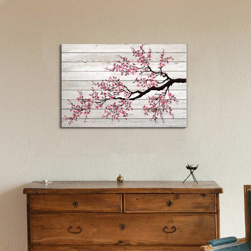 Illustration d'une branche de cerisier en fleurs sur des panneaux à effet de bois, art sur toile, Toile tendue