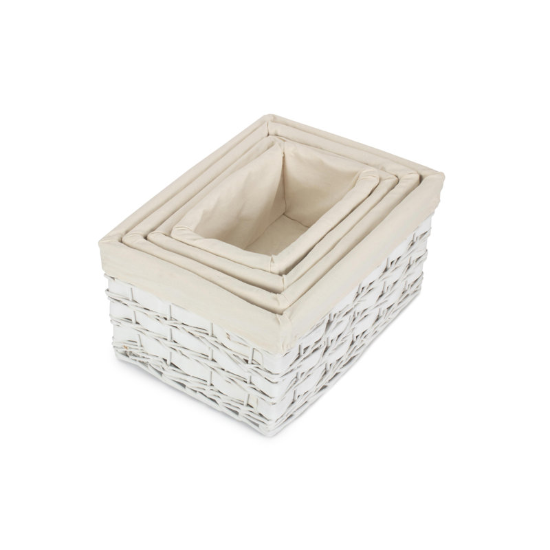 Wicker 4 Piece Lined Scandi Style Storage Basket Set, White