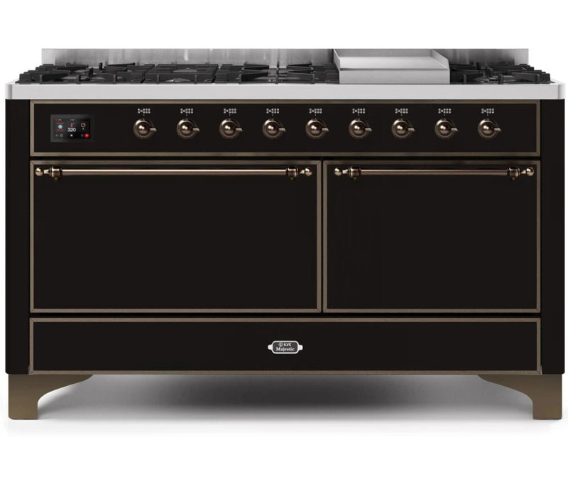 ILVE UM15FDQNS3BKCLP Majestic II 60 inch Dual Fuel Range with 9 Burners, Griddle (Liquid Propane, Solid Door, Glossy Black, Chrome)