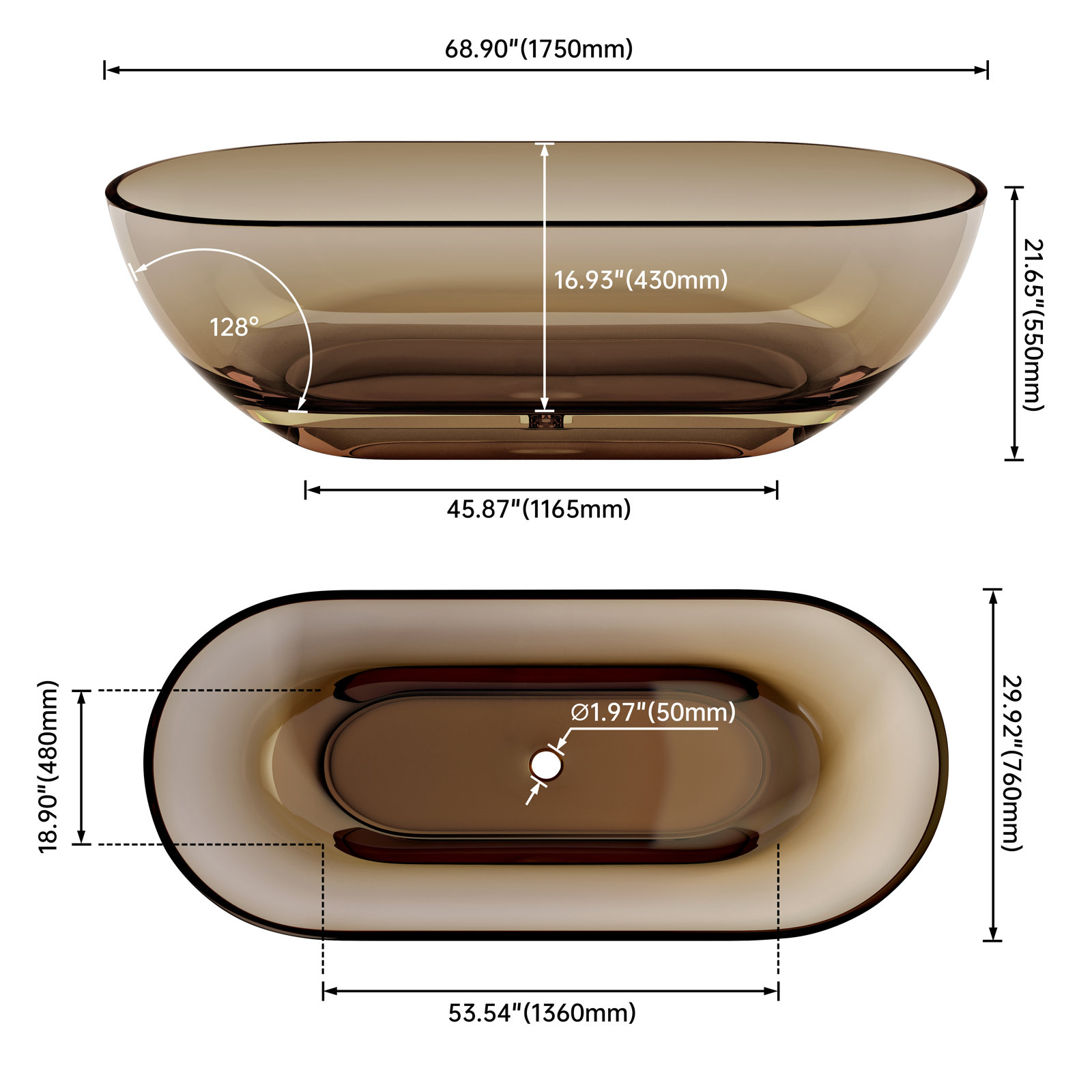 Forma 69" Solid Surface Soaking Bathtub, Brown