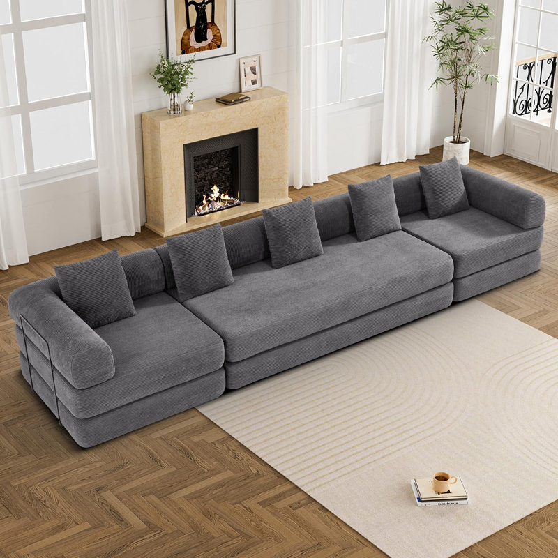Boneless Convertible Sectional Sleeper Sofa Bed Modular Compression Couch With Removable Back And Arm, Gray Corduroy 