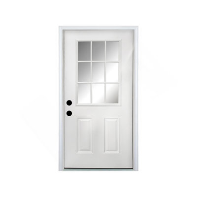 36 x 80 Fiberglass Entry Door with Brickmould, 4-9/16 in.Vinyl Frame,9 Lite Low-E Glass - Primed Front Door for Home's Front Entrance, Right Hand Inswing, White Oak Wooden Grain Knock-Down Door