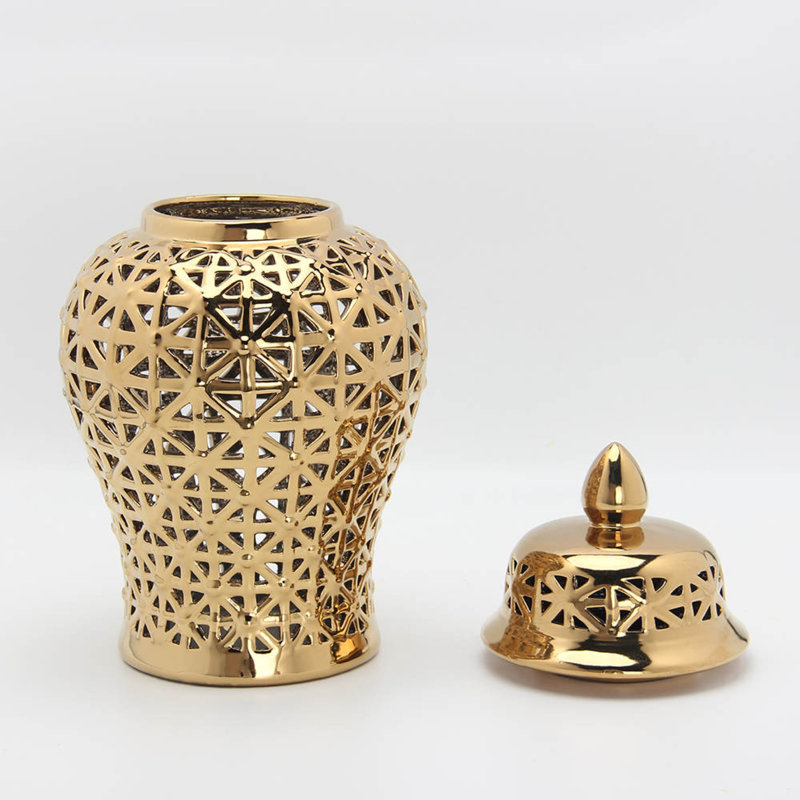 Debraa Handmade Ceramic / Porcelain Ginger Jar, 14.5" H x 7.5" W x 7.5" D, Gold