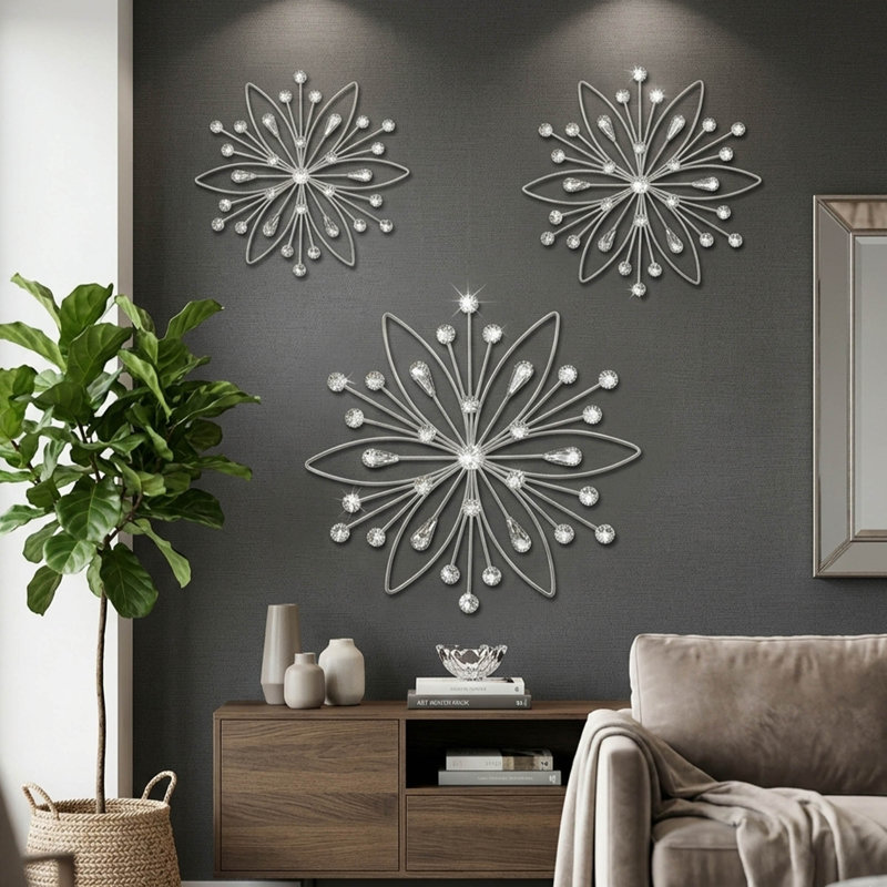 Ensemble de 3 décorations murales en forme d'étoile en métal avec strass en cristal, Silver