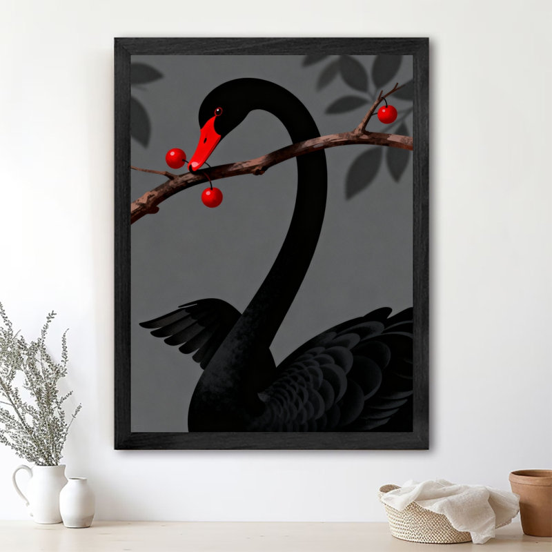 Black Framed Vintage Red fruit, red billed black swan Wall Art Retro Style Framed Prints, 37" H x 25" W