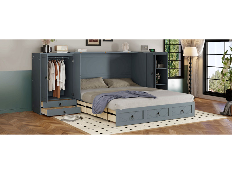 Grand lit escamotable avec port USB, petites armoires et tiroirs, gris