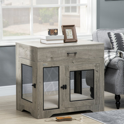 Grey Dog Kennel With Soft Cushion And Tidy Storage Drawer Puppy Crate Featuring Functional Drawer,