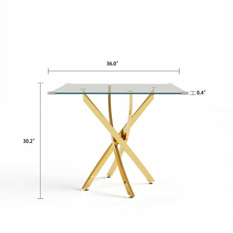 Square Glass Dining Table Set for 4, 36" Tempered Glass Top and 4 Velvet Upholstered Dining Chairs, Gold, White/Gold