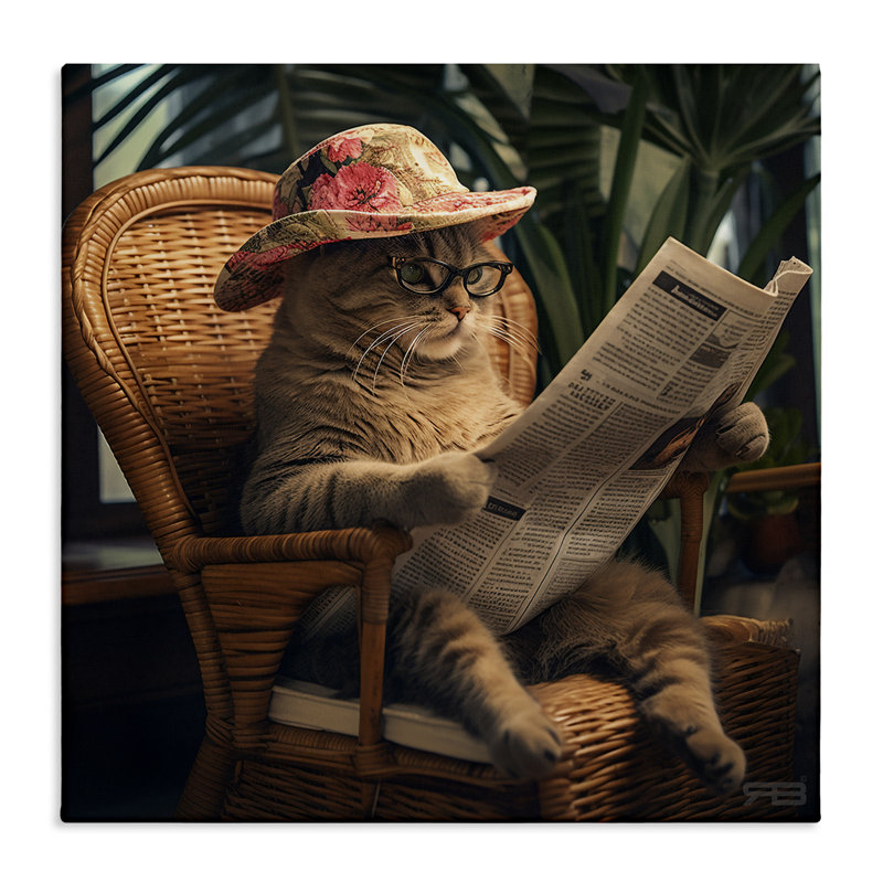 Drôle de chat et journal sur toile par RB, H 30 po x l 30 po