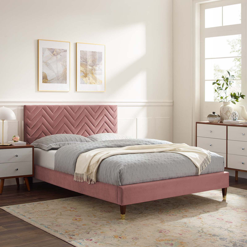 Modway Leah Chevron Tufted Performance Velvet Platform Bed, Pink, Twin