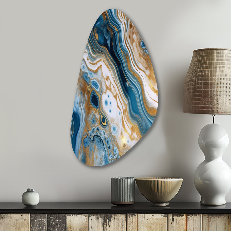 «Blue and White Marble Dreams», art mural abstrait en forme de métal, reproduction d'art asymétrique moderne