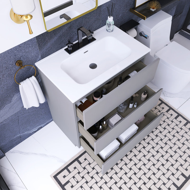 30 po W Meuble-lavabo simple avec lavabo et 3 trous de robinet, Gris