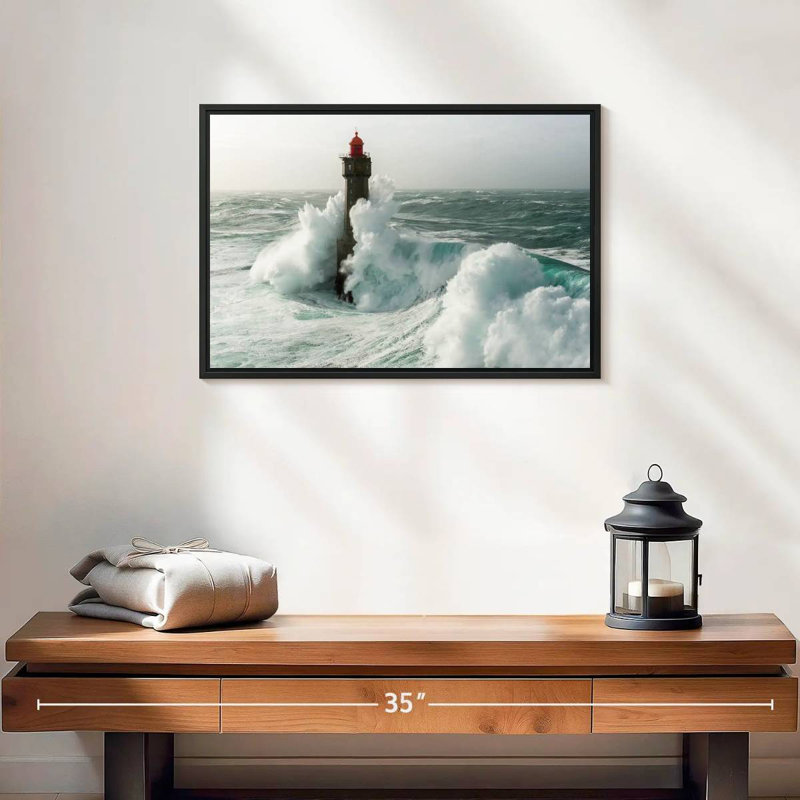 Phare dans une tempête, 19 po x 13 po, Cadre flottant noir