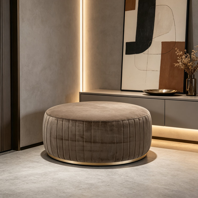 Repose-pieds rond moderne en velours de luxe avec base en métal, H 15,75 po x l 47,24 po x P 47,24 po