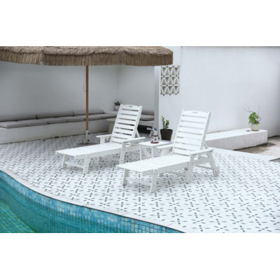3-Piece Oversized Patio Chaise Lounge Set with Side Table, All-Weather HDPE Lounger with 5-Position Back, Wheels & Cup Holders