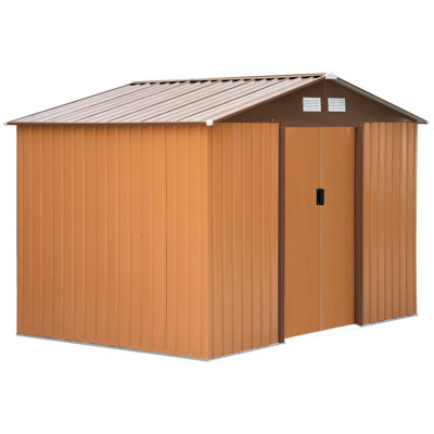 Abri de jardin jaune de 2,77 m (L) x 1,95 m (l) x 1,92 m (H), avec fondations, 4 aérations et 2 portes coulissantes faciles à ouvrir. Parfait pour le jardin, la terrasse ou la pelouse. Spacieux, il permet de ranger les outils et l'équipement de jardinage. Structure en acier, toit incliné.