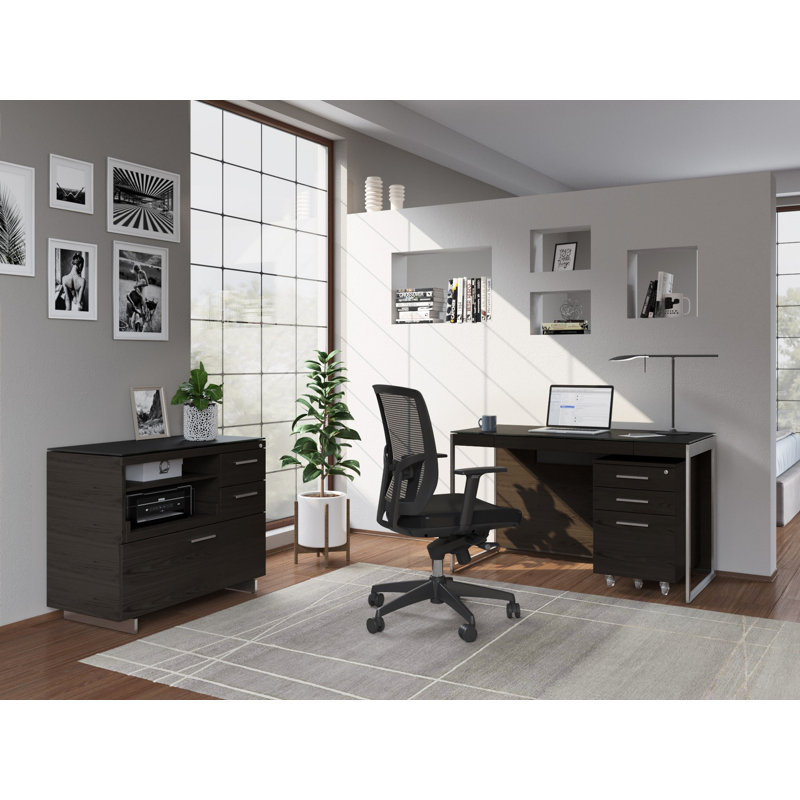 Sequel Desk With Back Panel, Charcoal Stained Ash/Satin Nickel