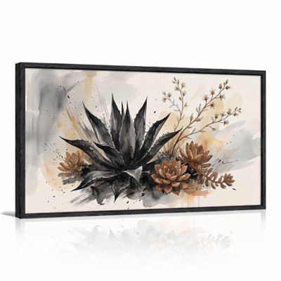 Large Black Agave and Brown Succulents Watercolor Wash Canvas Wall Art