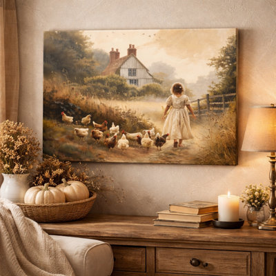 Vintage Farmhouse Girl & Chicken Canvas Wall Art, 24"x36" Large Wall Art for Living Room, Rural Nature Print, Rustic Bathroom Wall Art Decor