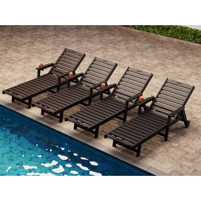 4pcs Oversized Outdoor Lounge Chair with Wheels & 5-Position Adjustable Backrest, HDPE Chaise with Cup Holder for Patio Pool