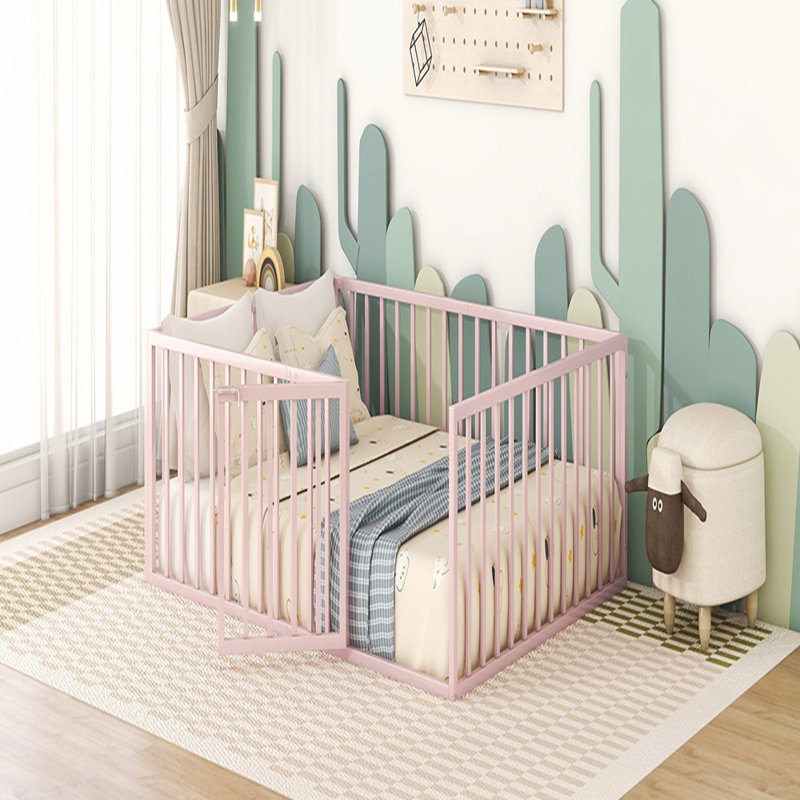 Structure de lit robuste en métal avec clôture et porte, polyvalente et durable pour les chambres modernes, Grand, Rose