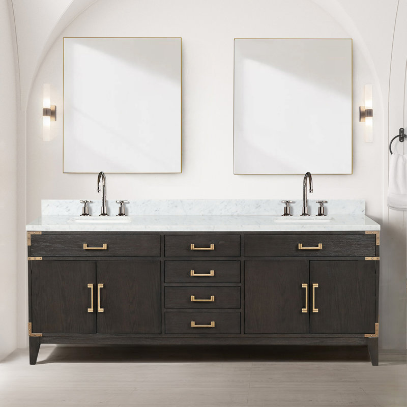 Meuble-lavabo double en chêne brun 84 po X P 22 po D, dessus en marbre de Carrare et ensemble de robinet, Chêne brun
