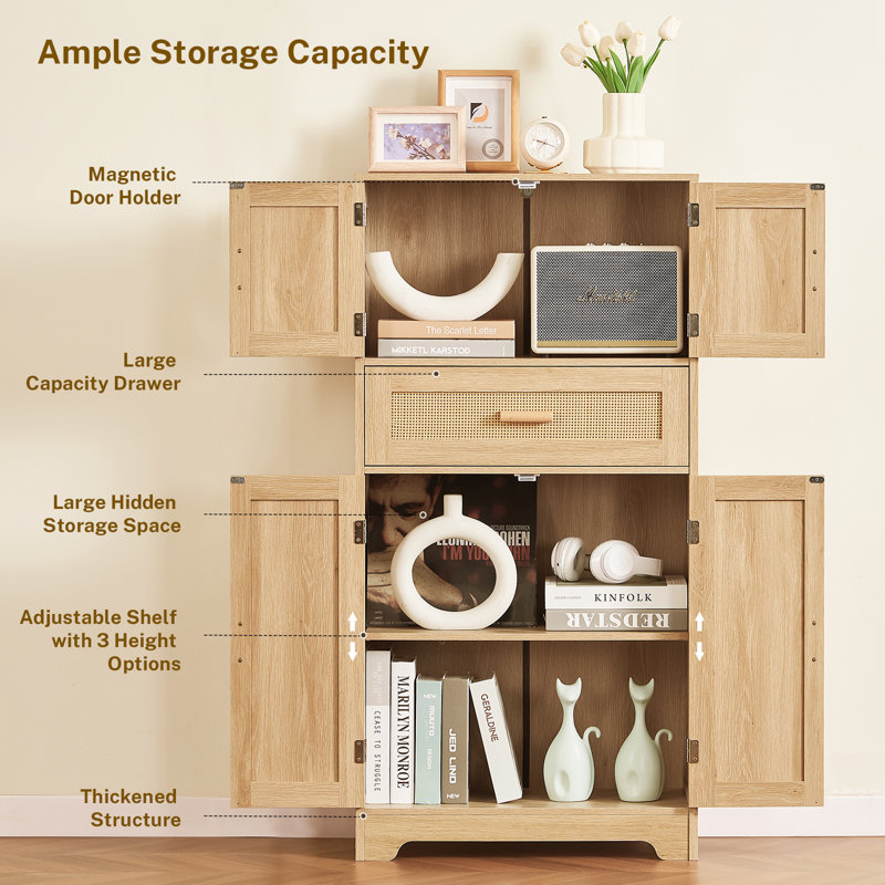 47.2" H Tall Storage Cabinet With Adjustable Shelf, Rattan Cabinet With Large Drawer, Cupboard For Living Room, Dining Room, Entryway, Home Office