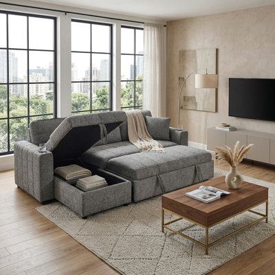 96" Gray Boucle Reversible Sleeper Sectional With Storage Chaise, Cupholders & USB Charging Port