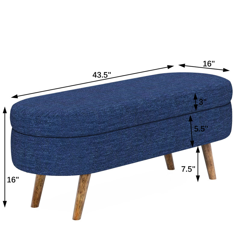 Banc de rangement ovale avec couvercle bleu, 43,5 po x 16 po x 16 po, pieds en bois d'hévéa, tabouret de pieds ou siège, fonction, assemblage rapide, décoration en tissu plissé, douceur et choix, fonctionnalité, installation facile et rapide,